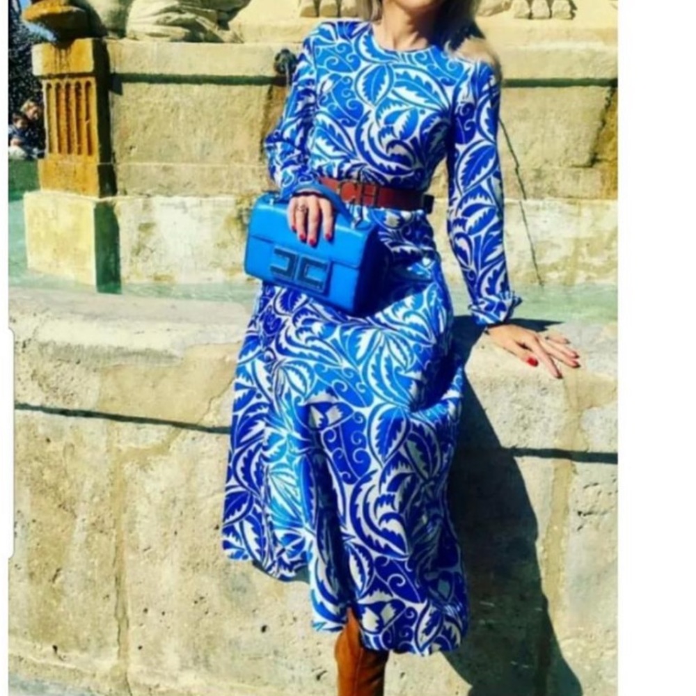 Zara Satin Blue Tan Long Sleeve Midi Dress Size XS - Picture 12 of 13